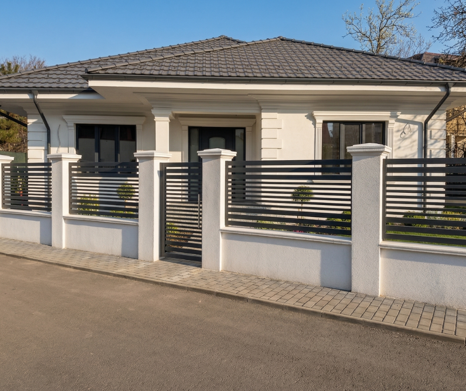 casă modernă cu gard din aluminiu antracit